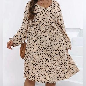 Black & Tan Animal Print Lantern Sleeve Button Up Midi Dress 3X
